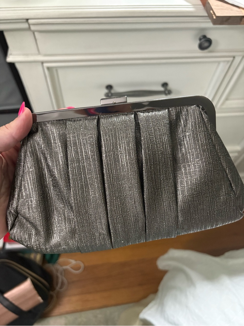 Jessica McClintock silver clutch with chain